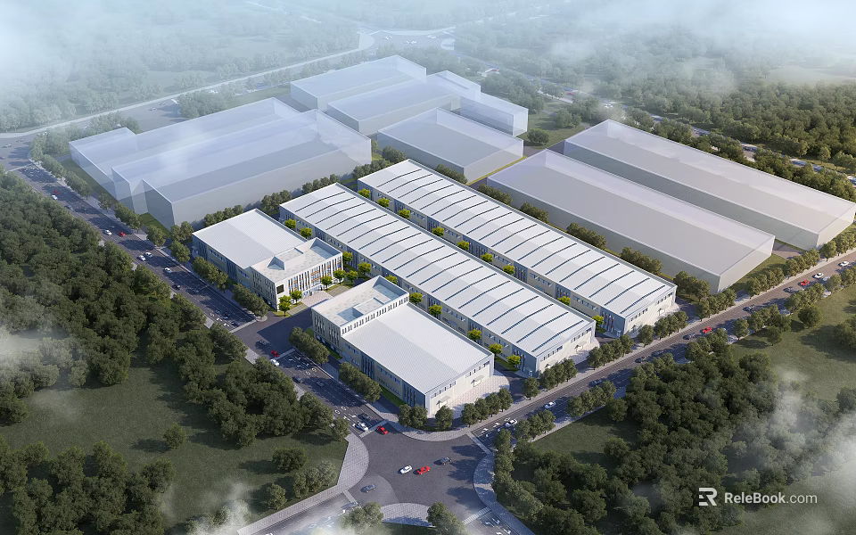 Modern Industrial Factory Complex Layout With Multiple Buildings Greenery And Roads 3d model