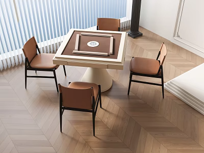 Modern Interior With Square Table Four Brown Chairs Wooden Floor Striped Blinds And White Walls 3d model