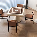 Modern Interior With Square Table Four Brown Chairs Wooden Floor Striped Blinds And White Walls