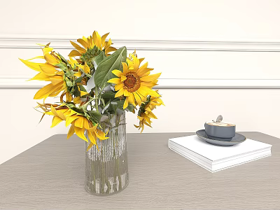 Vibrant Sunflowers in Transparent Glass Vase with Stripes on Wooden Table 3d model