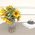 Vibrant Sunflowers in Transparent Glass Vase with Stripes on Wooden Table