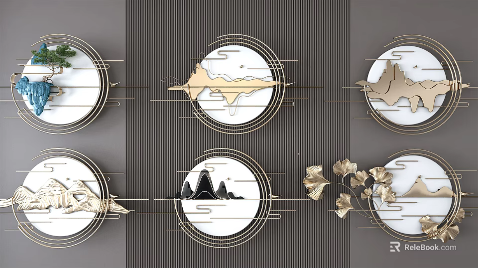 Modern Wall Decor with Circular Golden Frames Mountain Patterns Ginkgo Leaves on Dark Wall 3d model