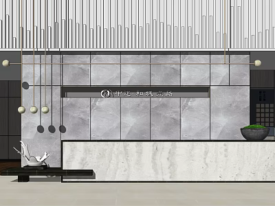 Modern Reception Desk Area With Marble Counter Gray Stone Wall Hanging Lights And Decorative Plant 3d model