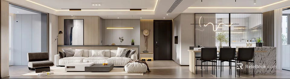 Modern Living and Dining Room Interior with Sofa Dining Table Lighting and Plants 3d model