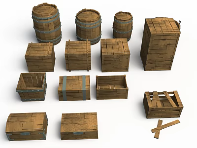 Wooden Barrels And Crates Collection With Various Sizes Open Designs Metal Straps And Stripe Patterns 3d model