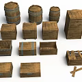 Wooden Barrels And Crates Collection With Various Sizes Open Designs Metal Straps And Stripe Patterns