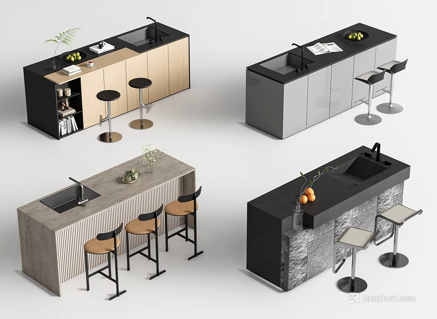 Stylish Kitchen Bar Designs With Wooden Gray Black Stone Countertops Stools Sink And Fruits Plants 3d model 