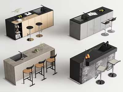Stylish Kitchen Bar Designs With Wooden Gray Black Stone Countertops Stools Sink And Fruits Plants 3d model