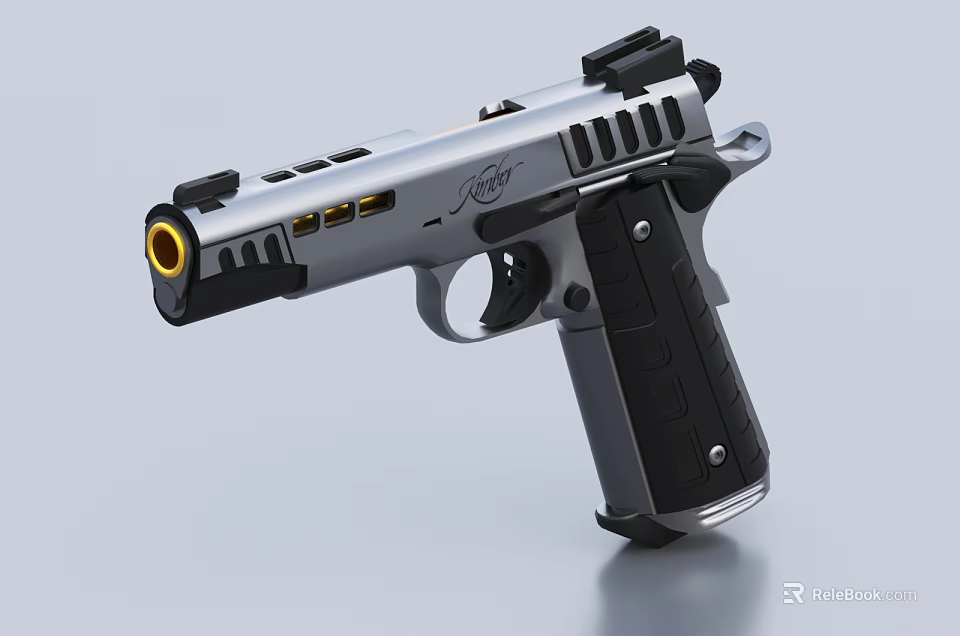 Tactical Silver And Black Pistol With Yellow Accent Barrel Black Grip And Logo Design 3d model 