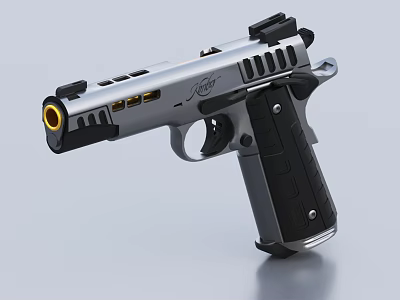 Tactical Silver And Black Pistol With Yellow Accent Barrel Black Grip And Logo Design 3d model