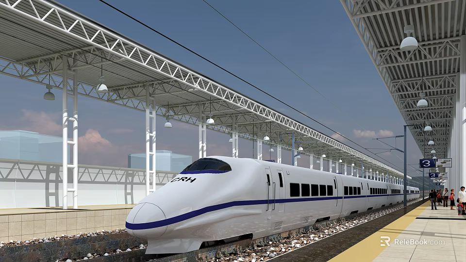 High Speed White Bullet Train With Blue Stripes At Station Platform Under Steel Roof 3d model 