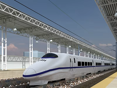 High Speed White Bullet Train With Blue Stripes At Station Platform Under Steel Roof 3d model