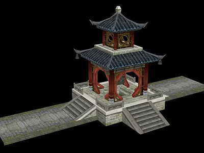 Ancient Chinese Pavilion With Multi Tiered Black Tile Roof And Red Pillars On Stone Base 3d model