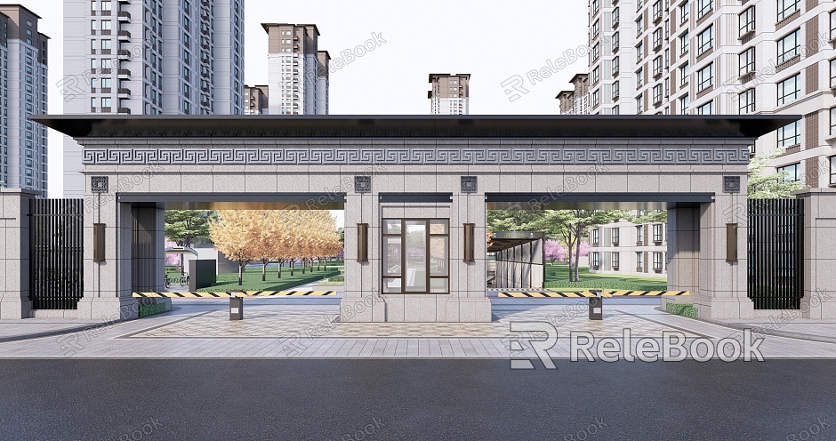 New Chinese-style Gate Residential District Main Entrance Entrance Gate House Car Block model