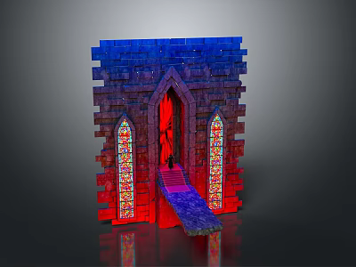 Gothic Style Architecture With Stained Glass Windows Red Blue Lighting Stone Walls And Entrance 3d model