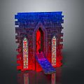 Gothic Style Architecture With Stained Glass Windows Red Blue Lighting Stone Walls And Entrance