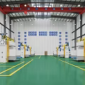 Industrial Factory Interior With Large Machinery Green Floor Yellow Lines Red Cranes And Blue Signs