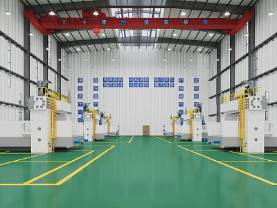 Industrial Factory Interior With Large Machinery Green Floor Yellow Lines Red Cranes And Blue Signs 3d model