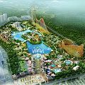 Scenic Amusement Park Landscape with Roller Coaster Water Pools Rides and Green Lawns
