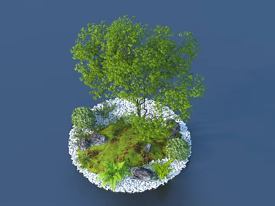 Round Garden Plant Combination With Green Tree Shrubs Fern And White Pebbles 3d model