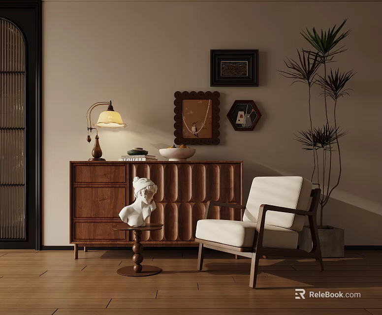 Elegant Accent Chair In Warm Living Space With Wooden Cabinet Table Lamp And Potted Plant 3d model 