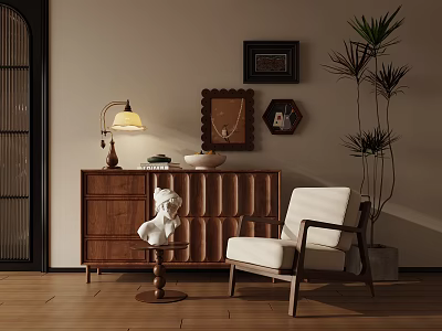 Elegant Accent Chair In Warm Living Space With Wooden Cabinet Table Lamp And Potted Plant 3d model