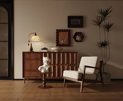 Elegant Accent Chair In Warm Living Space With Wooden Cabinet Table Lamp And Potted Plant 3d model