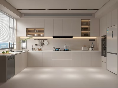 Modern Kitchen Interior Design With White Cabinets Island Counter And Natural Light 3d model