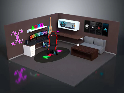 Modern Gaming Room Interior With Neon Lights Gaming Chair Sofa And PC Screens 3d model