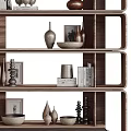 Modern Wooden Shelving Unit With Multi Tiered Design And Decorative Items Books Vases Bowls