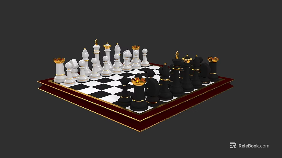 Elegant Chess Set with Black and White Checkered Board and Golden Accented Pieces 3d model 