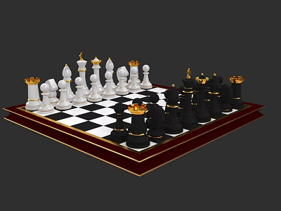 Elegant Chess Set with Black and White Checkered Board and Golden Accented Pieces 3d model