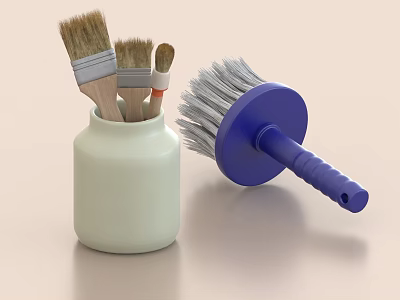 Ceramic Jar With Multiple Brushes And Blue Handle Cleaning Brush 3d model