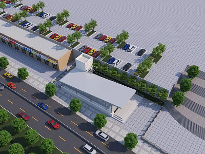 Modern Station Exterior With Spacious Parking Lot Cars Trees And Surrounding Roads 3d model