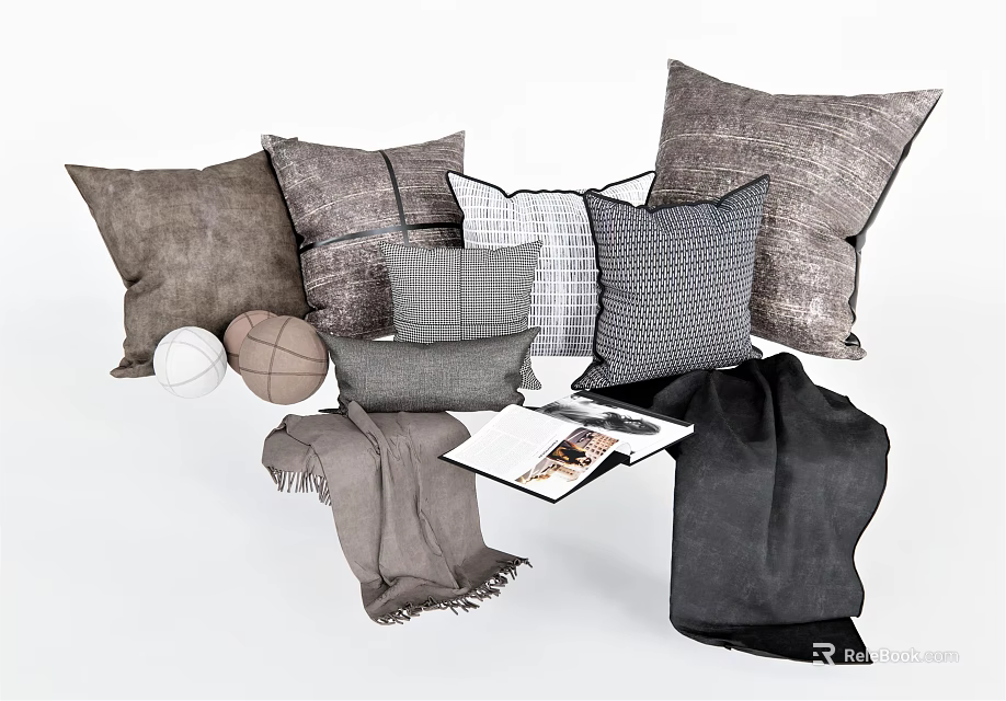 Cozy Gray Throw Pillows With Different Textures And Matching Blankets And Magazines 3d model