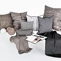 Cozy Gray Throw Pillows With Different Textures And Matching Blankets And Magazines 3d model