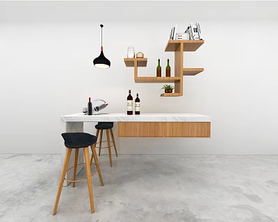 Modern Bar Counter With Marble Countertop Wood Cabinets Bar Stools Wall Shelves Wine Bottles And Hanging Lamp 3d model