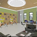 Modern Office Space with Green Walls Wooden Bookshelves Computers Sofa and Windows