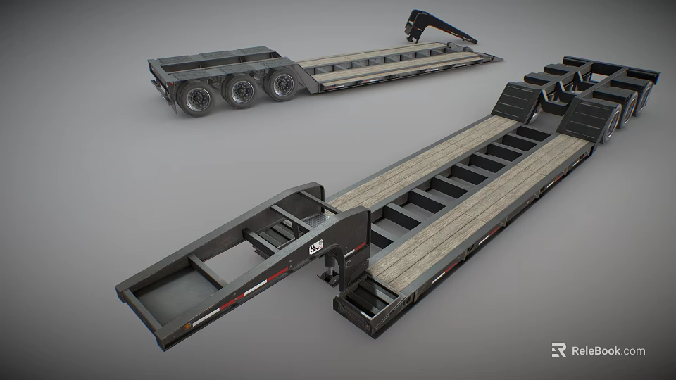 Heavy Duty Flatbed Trailer With Multi Wheels And Wooden Deck Structure 3d model 
