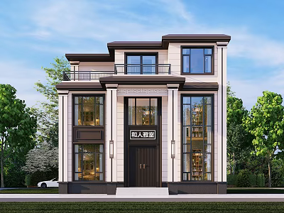 Modern Two Story Detached Villa With Large Glass Windows Front Porch And Green Trees 3d model