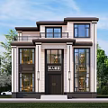 Modern Two Story Detached Villa With Large Glass Windows Front Porch And Green Trees