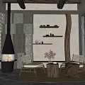 Cozy Living Room Interior With Stone Wall Wooden Beams Fireplace Armchairs And City View