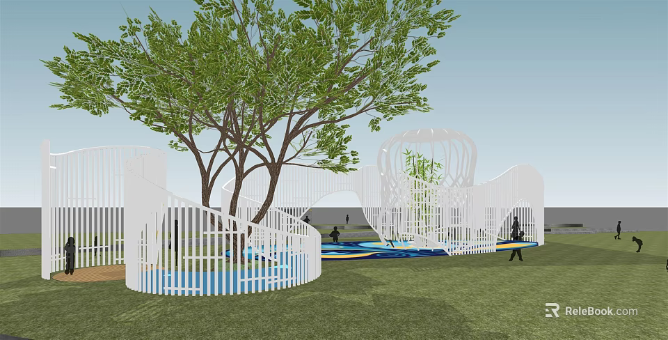 Children's Play Area With White Lattice Structures Trees Green Grass And Blue Play Surface 3d model 