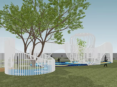 Children's Play Area With White Lattice Structures Trees Green Grass And Blue Play Surface 3d model