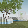 Children's Play Area With White Lattice Structures Trees Green Grass And Blue Play Surface