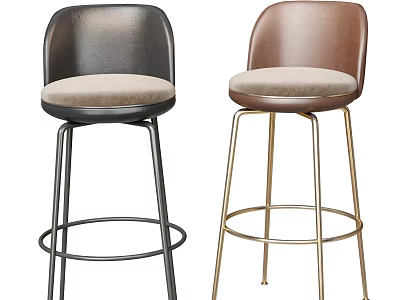 Modern Black And Brown Bar Stools With Leather Backrest Padded Seat And Metal Frame 3d model