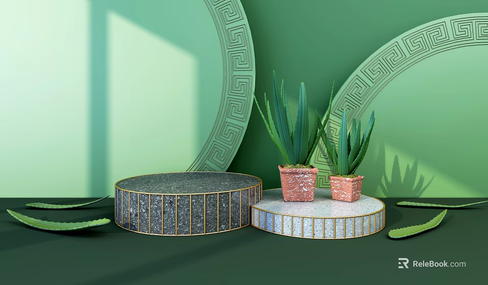 Circular Display Shelves With Golden Borders Gray White Design And Green Plants On Green Background 3d model 