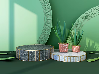 Circular Display Shelves With Golden Borders Gray White Design And Green Plants On Green Background 3d model