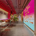 Modern Stylish Restaurant Interior With Neon Lights Red Walls Dining Tables And Display Shelves