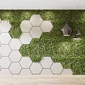 Green Plant Wall with White Hexagonal Panels and Metal Pendant Lights Interior Decor